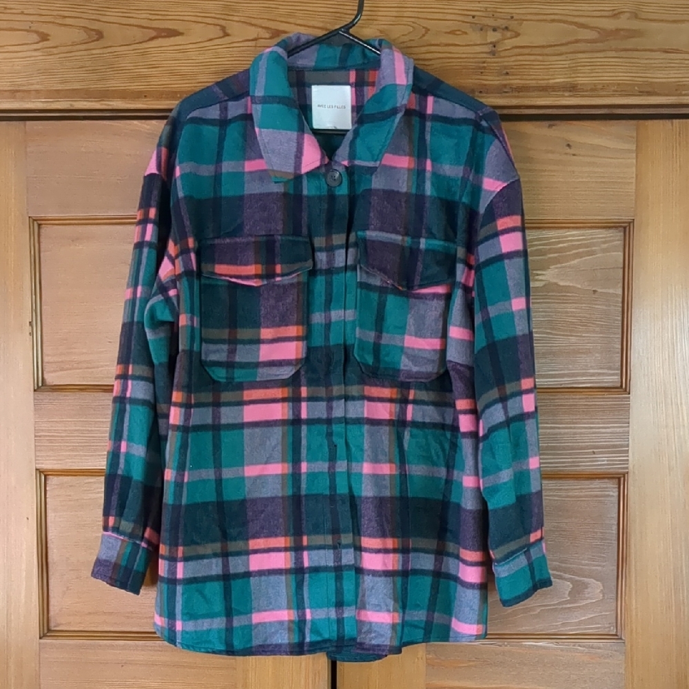 Avec les Filles Plaid Button-Up Shirt Jacket 2x Women's